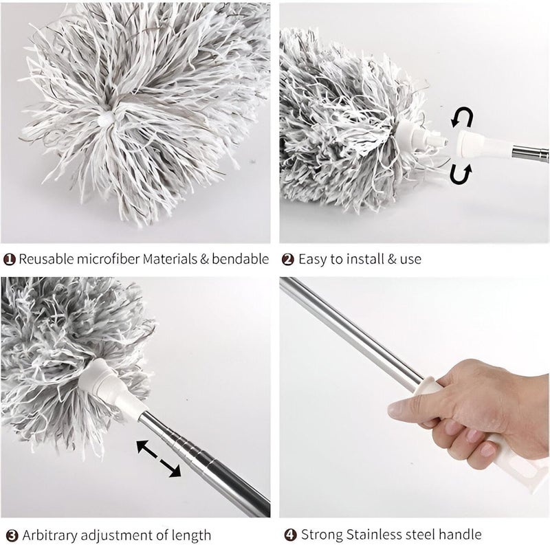 Microfiber Duster Foldable Mop with Extendable Stainless Steel Pole Gray Length 280cm for Cleaning High Places Air Conditioner Cabinet - Image 2