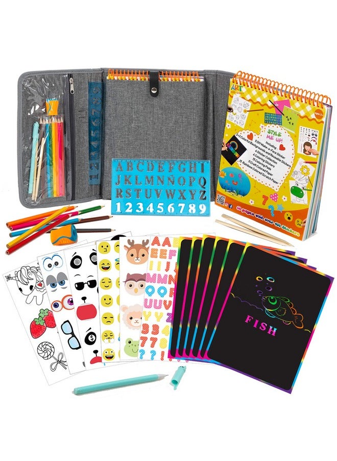 Art with smile Learning Activity Set For Girls And Boys Age 310. Premium Case Large 60Page Book Gift With Numbers And Letters Stencil Rainbow Scratch Papers 420 Stickers Wooden Styluses Coloring Pencils More  - Image 1