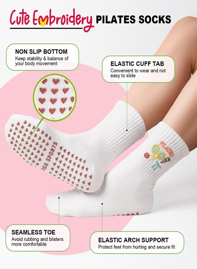 BLONGW Pilates Socks for Women, Cute Non-Slip Grip Crew Socks for Yoga, Barre, Hospital, Barefoot Workout, Assorted 02, S-M - Image 3