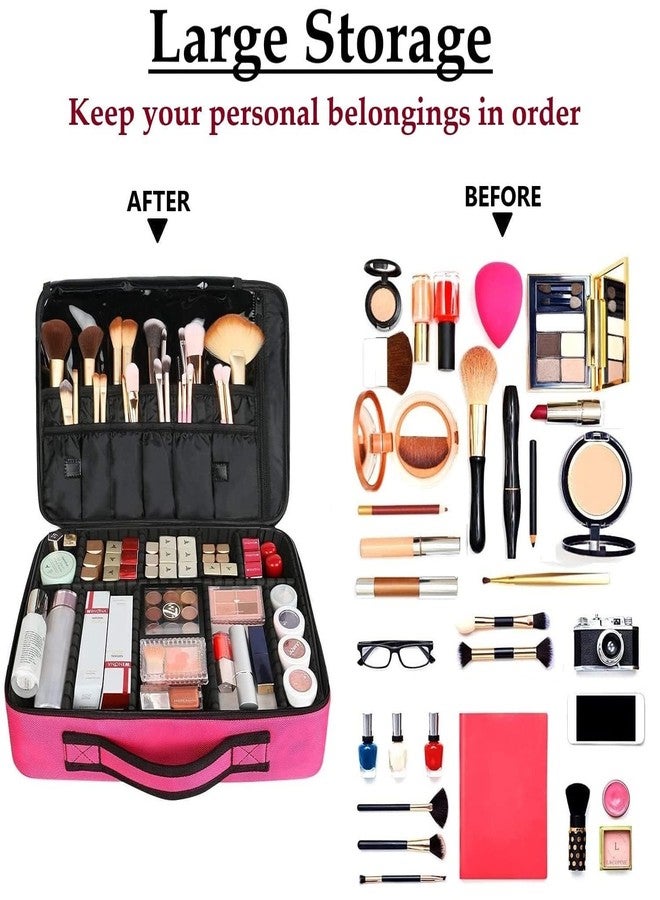 SHAMAX® Professional Makeup Organizer Bag for Women, Large Capacity Travel Cosmetic Case with Adjustable Dividers, Brush Holders & Shoulder Strap- Waterproof PU Leather Makeup Storage Bag (Pink) - Image 2