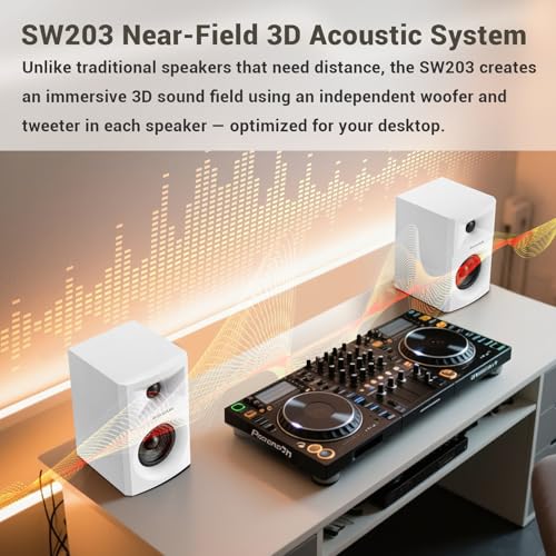 Sanyun SW203 2.0 Desktop Computer Speakers - Near-Field 3D Stereo with Vertical Imaging - 60W Triple-DSP Dual Independent Drive - 24bit USB-C DAC Bluetooth 5.4 AUX, HiFi PC Gaming (Pair, White) - Image 4