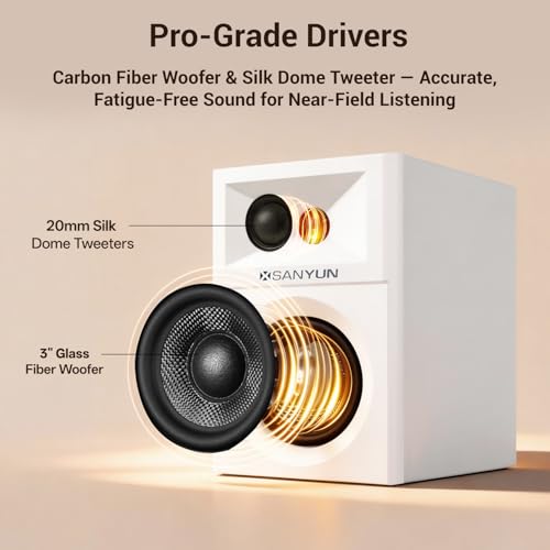 Sanyun SW203 2.0 Desktop Computer Speakers - Near-Field 3D Stereo with Vertical Imaging - 60W Triple-DSP Dual Independent Drive - 24bit USB-C DAC Bluetooth 5.4 AUX, HiFi PC Gaming (Pair, White) - Image 5