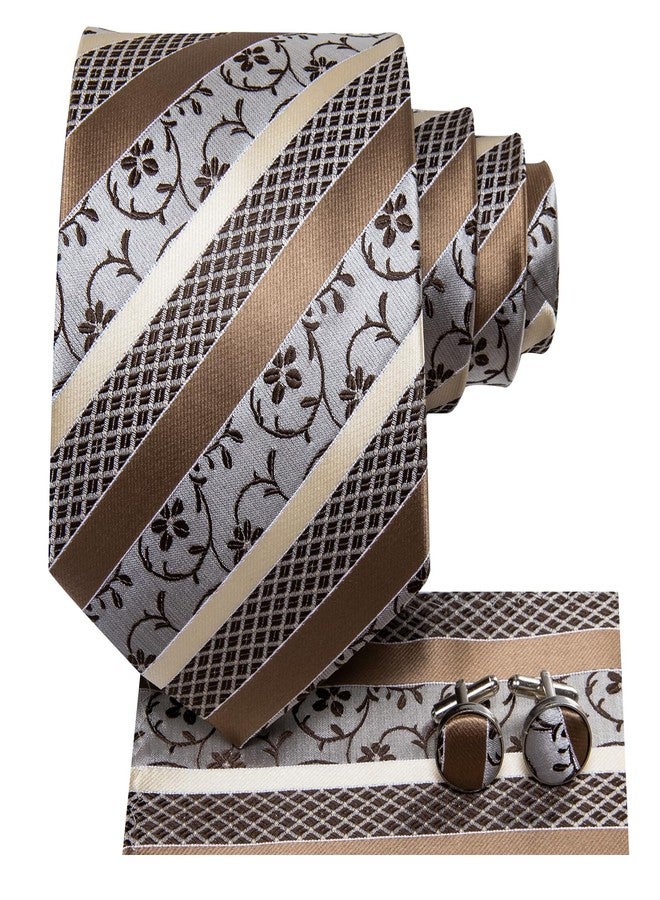 Hi-Tie Silk Paisley Ties for Men Necktie Pocket Square Cufflinks Set Foral Tie Sets Formal Business,Khaki Floral - Image 2