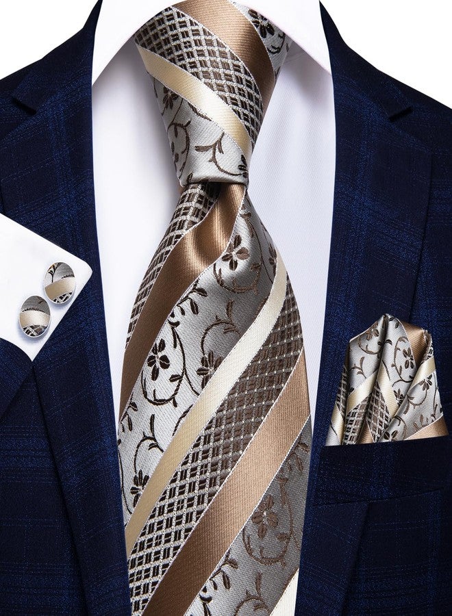 Hi-Tie Silk Paisley Ties for Men Necktie Pocket Square Cufflinks Set Foral Tie Sets Formal Business,Khaki Floral - Image 3