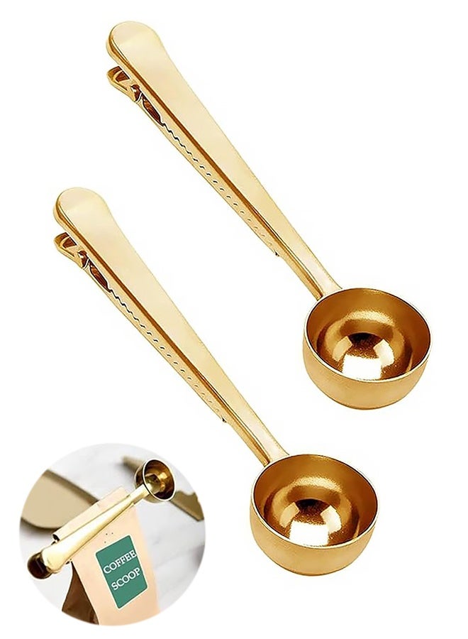 2PCS Coffee Scoop Clip Stainless Steel Tablespoon Coffee Spoon With long handle Multifunction Sealing Bag Clip For Tea, Coffee, Protein Powder, Instant Drinks, Kitchen Tools（gold） - Image 1