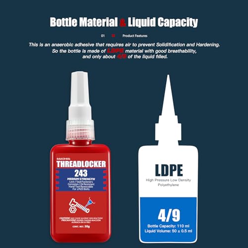 ESKONKE Thread Locker Blue 243 - Removable Threadlocker Metal Glue for Nuts, Bolts, Fasteners Medium Strength Screw Compound to Prevent Loosening & Corrosion 1.69 Oz/50 ml - Image 2