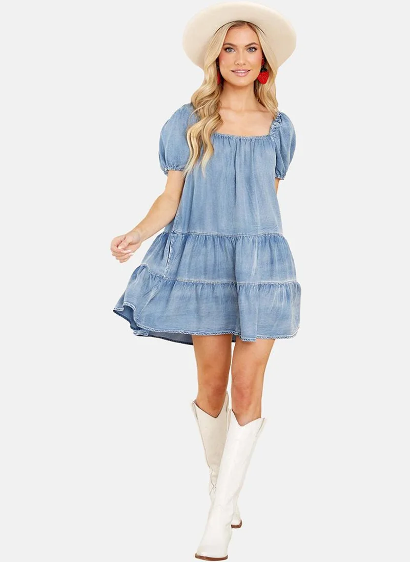 يونيكي Blue A-Line Square Neck Short Sleeve Dresses