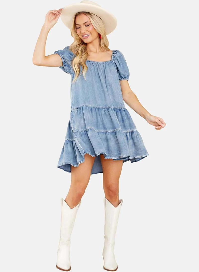 يونيكي Blue A-Line Square Neck Short Sleeve Dresses