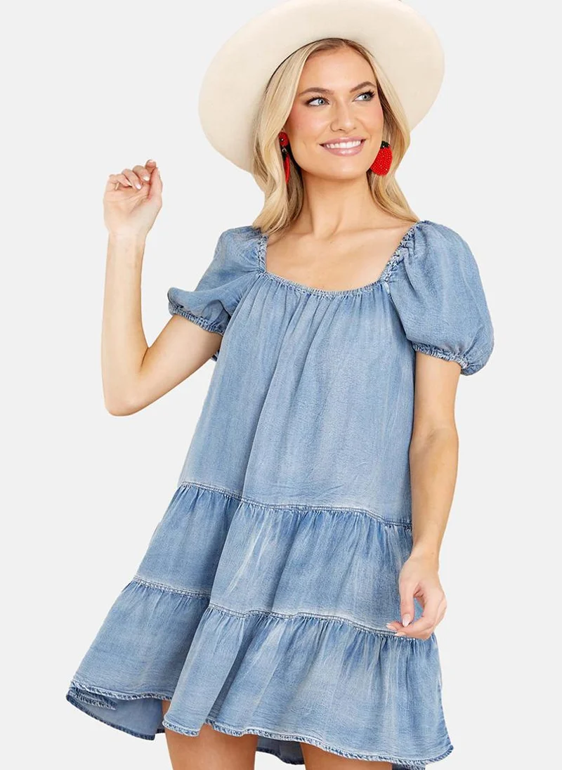 يونيكي Blue A-Line Square Neck Short Sleeve Dresses