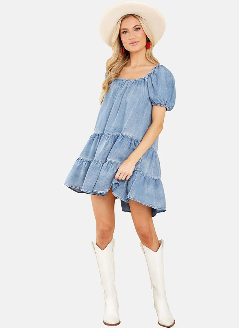 يونيكي Blue A-Line Square Neck Short Sleeve Dresses