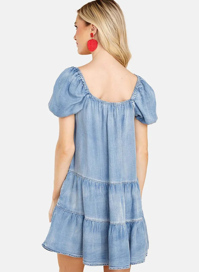 يونيكي Blue A-Line Square Neck Short Sleeve Dresses