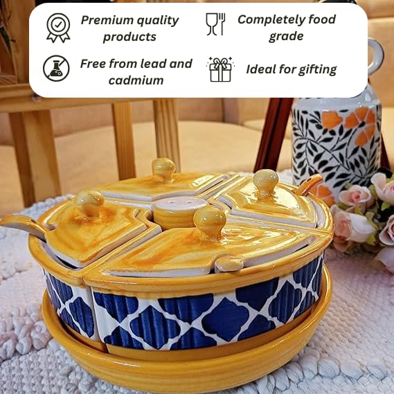 Niyara Multipurpose Storage Ceramic Pickle set Jars & with Lid & tray & spoon & Salt Dispenser (Set of 5, 300 ML) (Yellow Blue) - Image 3