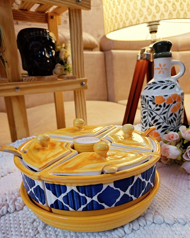 Niyara Multipurpose Storage Ceramic Pickle set Jars & with Lid & tray & spoon & Salt Dispenser (Set of 5, 300 ML) (Yellow Blue) - Image 1