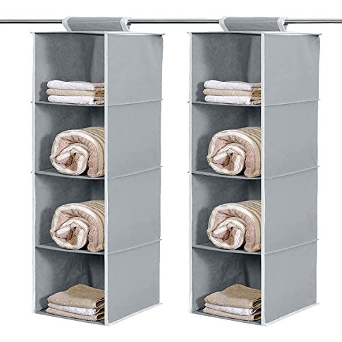 Kuber Industries 4 Shelf Closet Organizer for Wardrobe|Non-Woven Collapsible Wardrobe|Hanging Shelf for Clothes|4 Shelves Cloth Organizer|Pack of 2 (Grey) - Image 1
