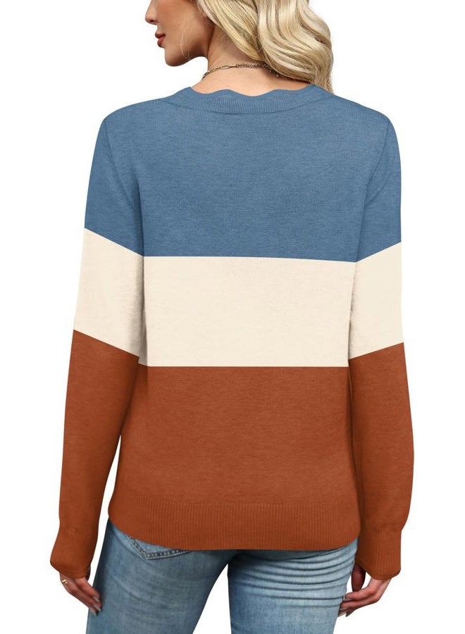 OFEEFAN Womens V Neck Sweaters Pullover Cozy Lightweight Sweaters Long Sleeve Tops Fall Outfits 2025, Blue/Beige/Caramel, XL - Image 5