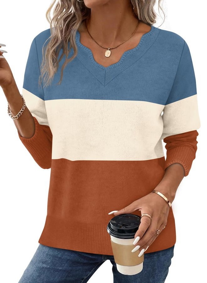 OFEEFAN Womens V Neck Sweaters Pullover Cozy Lightweight Sweaters Long Sleeve Tops Fall Outfits 2025, Blue/Beige/Caramel, XL - Image 1