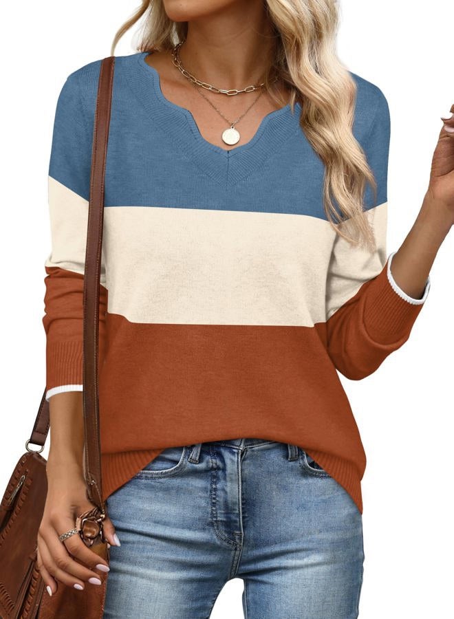 OFEEFAN Womens V Neck Sweaters Pullover Cozy Lightweight Sweaters Long Sleeve Tops Fall Outfits 2025, Blue/Beige/Caramel, XL - Image 2