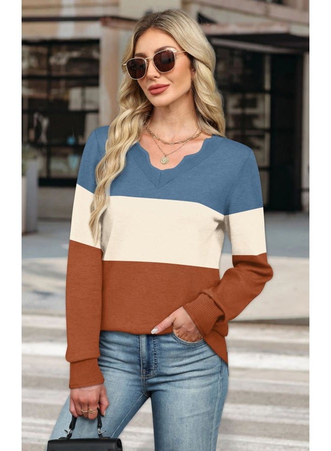 OFEEFAN Womens V Neck Sweaters Pullover Cozy Lightweight Sweaters Long Sleeve Tops Fall Outfits 2025, Blue/Beige/Caramel, XL - Image 3