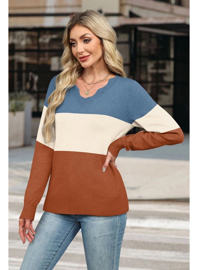 OFEEFAN Womens V Neck Sweaters Pullover Cozy Lightweight Sweaters Long Sleeve Tops Fall Outfits 2025, Blue/Beige/Caramel, XL - Image 4