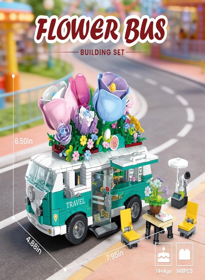 Brihappen Flower Bus Camper Van Building Set 948 PCS Botanical Flower Truck Toy with Opening Doors, Rotating Wheels & Outdoor Furniture, Creative Building Kit Gift for Adults - Image 2
