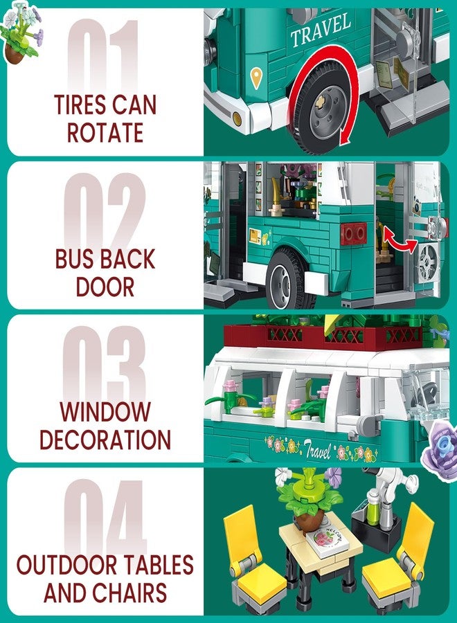 Brihappen Flower Bus Camper Van Building Set 948 PCS Botanical Flower Truck Toy with Opening Doors, Rotating Wheels & Outdoor Furniture, Creative Building Kit Gift for Adults - Image 5