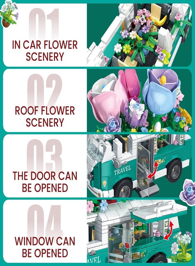 Brihappen Flower Bus Camper Van Building Set 948 PCS Botanical Flower Truck Toy with Opening Doors, Rotating Wheels & Outdoor Furniture, Creative Building Kit Gift for Adults - Image 4