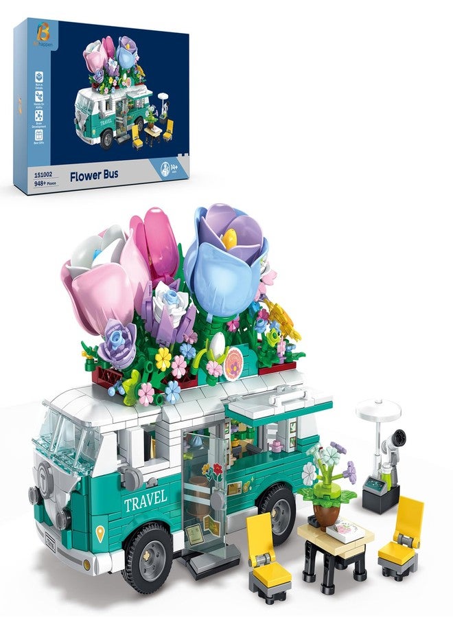 Brihappen Flower Bus Camper Van Building Set 948 PCS Botanical Flower Truck Toy with Opening Doors, Rotating Wheels & Outdoor Furniture, Creative Building Kit Gift for Adults - Image 1