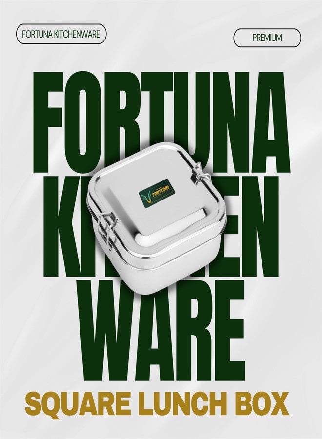 FORTUNA KITCHENWARE علبة غداء مربعة من الفولاذ المقاوم للصدأ من فورتونا - 550 مل | علبة طعام تقليدية مقسمة مع طبق فاصل | سهلة الحمل، مزودة بمشبك قفل | مثالية للمدرسة والمكتب، للرجال والنساء (متوسطة الحجم) - Image 2