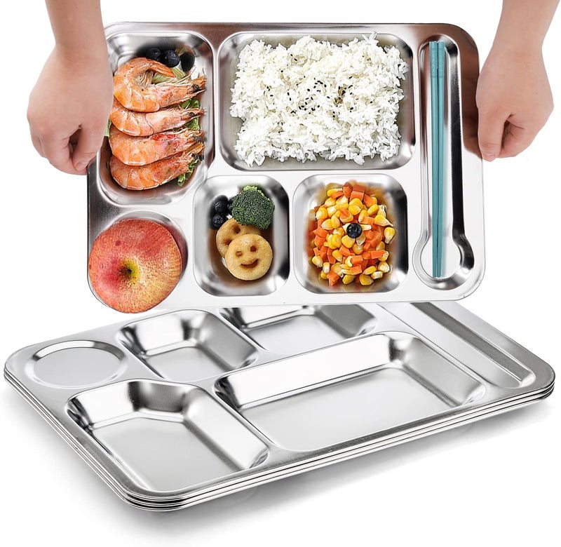 Fasmov 4 Pack Stainless Steel Rectangular Divided Dinner Tray, 6 Sections Stainless steel Metal Plate for Adults, Picky Eaters, Campers, and Portion Control - Image 4