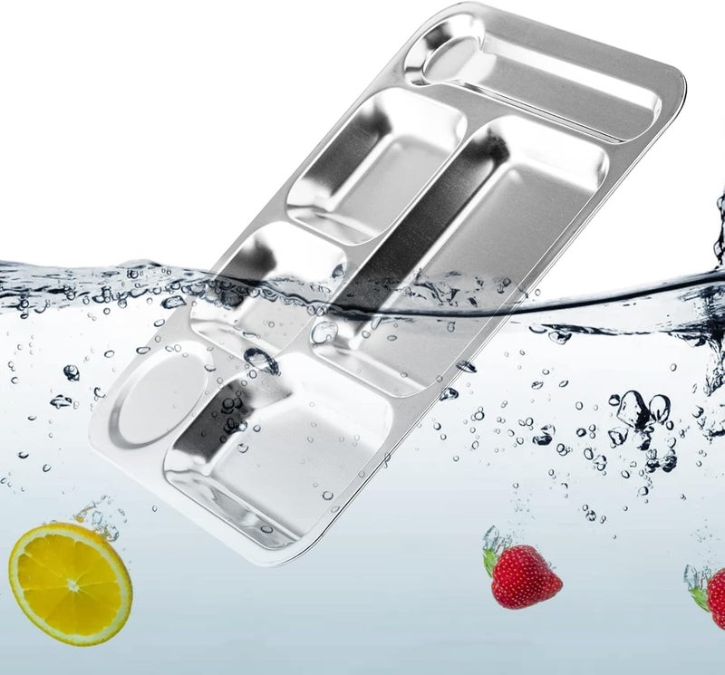 Fasmov 4 Pack Stainless Steel Rectangular Divided Dinner Tray, 6 Sections Stainless steel Metal Plate for Adults, Picky Eaters, Campers, and Portion Control - Image 3
