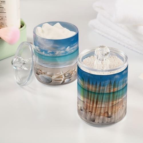 ALAZA 2 Pack Qtip Holder Ocean Seashells Beach Cotton Swab Dispenser with Lid Bathroom Containers Canister Organizer Storage Jar - Image 3