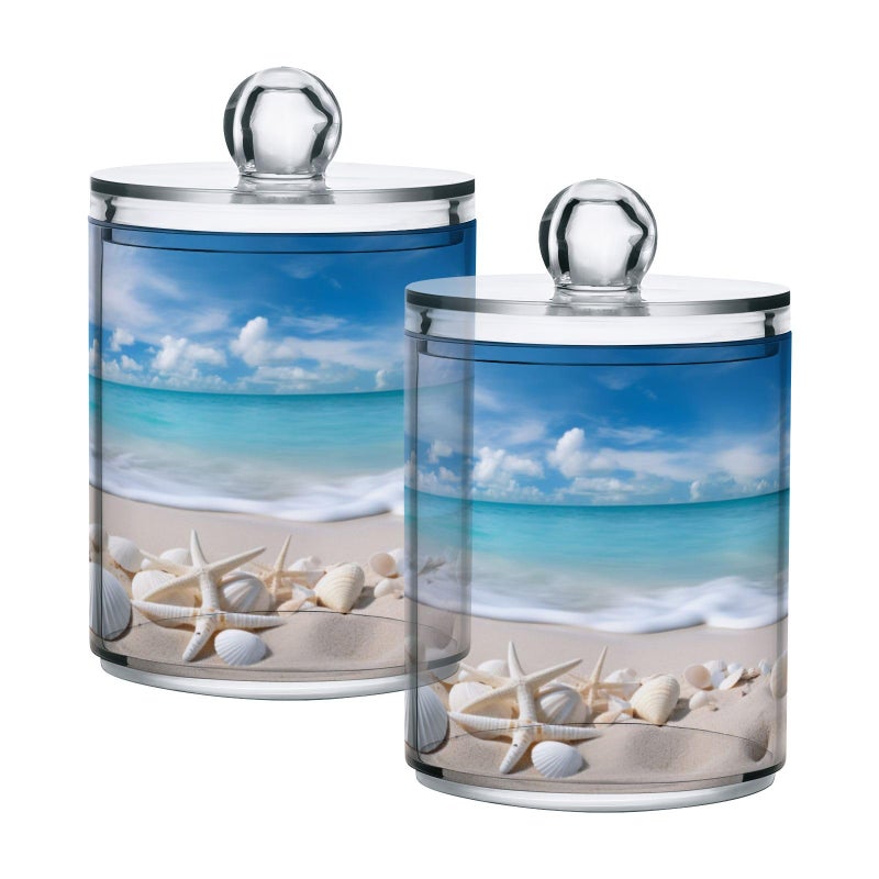 ALAZA 2 Pack Qtip Holder Ocean Seashells Beach Cotton Swab Dispenser with Lid Bathroom Containers Canister Organizer Storage Jar - Image 2