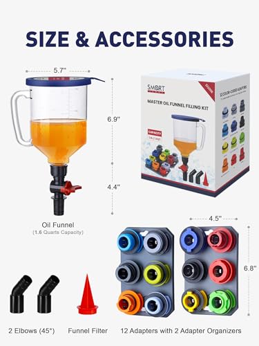 SMART JERRY - Spill-Proof Engine Oil Funnel Kit｜Oil Change Funnel w/ 12 Adapters & 2 Magnetic Adapter Organizer Boards｜Transparent Body w/Scale & Shut-Off Valve｜Universal Fit - Image 2