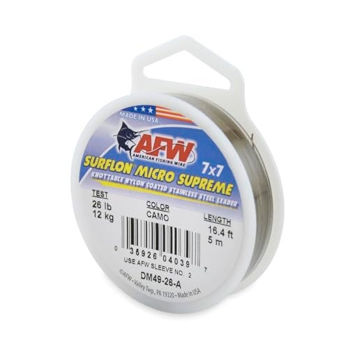 AFW American Fishing Wire Surflon Micro Supreme, Nylon Coated 7x7 Stainless Steel Leader Wire, 26 lb Test, .018" Diameter, Camo, 5 m - Image 1