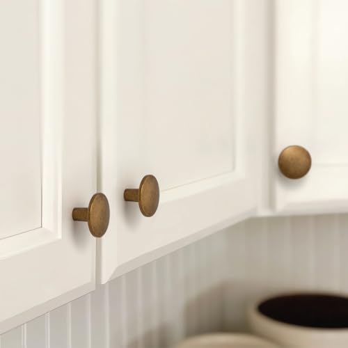 YAGU 10 Pack Antique Brass Kitchen Cabinet Knobs 112 Inch Round Solid Dresser Drawer Pulls Aged Bronze Furniture Hardware Vintage Brass Knob for Closet Cupboard Wardrobe - Image 3