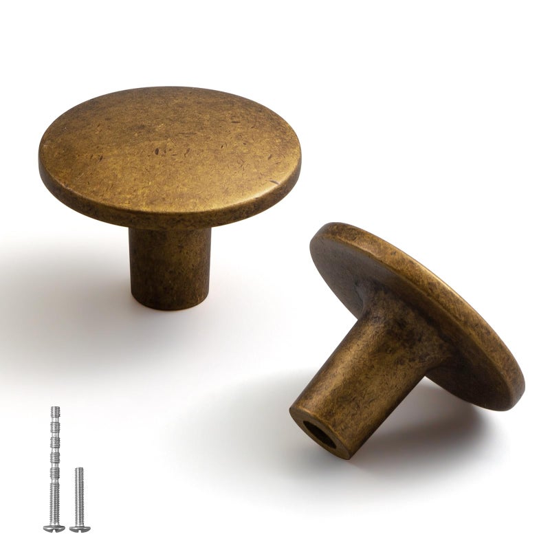 YAGU 10 Pack Antique Brass Kitchen Cabinet Knobs 112 Inch Round Solid Dresser Drawer Pulls Aged Bronze Furniture Hardware Vintage Brass Knob for Closet Cupboard Wardrobe - Image 2