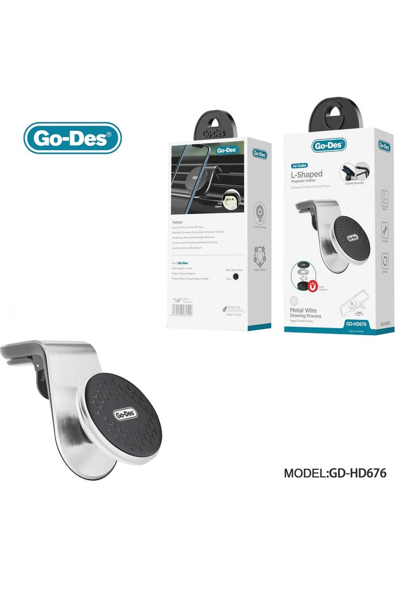 GO-DES L-Shaped Magnetic Phone Holder Universal Car Mount with Air Vent Clip 360 Degree Rotation and Strong Magnetic Grip