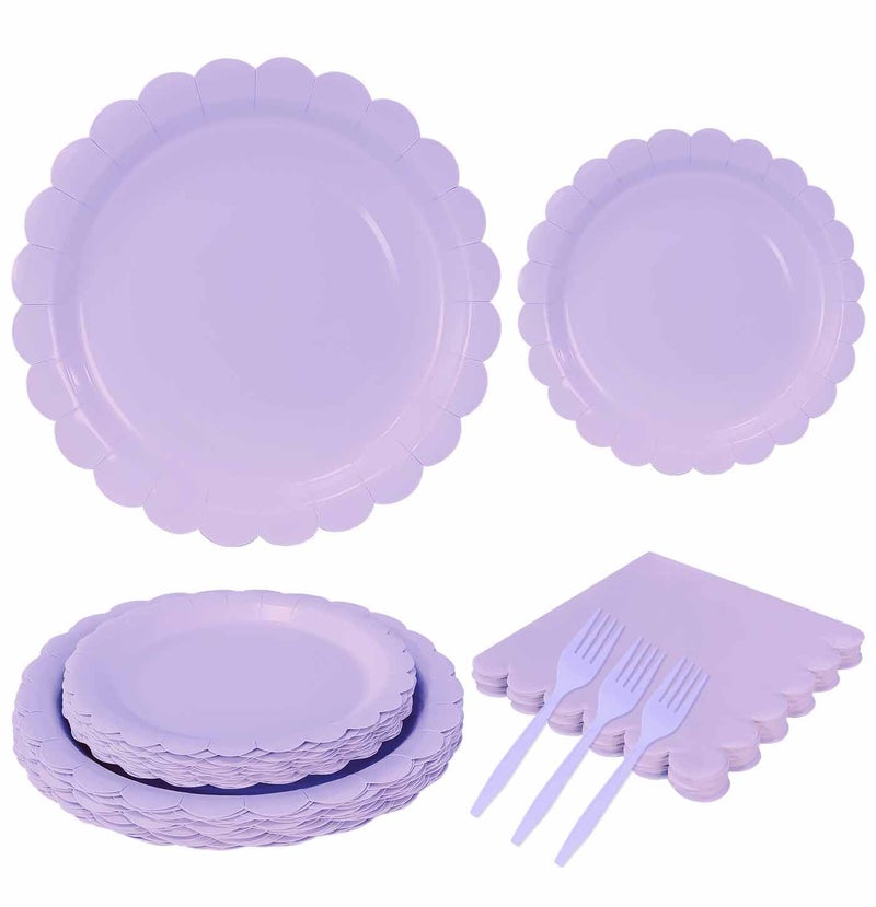 MUNILAIL 96 Pcs Light Purple Plates and Napkins Party Supply Serve 24 Guests Including Purple Scalloped Paper Plates and Napkins Plastic Forks for Baby Shower Birthday Party Disposable Dinnerware Set