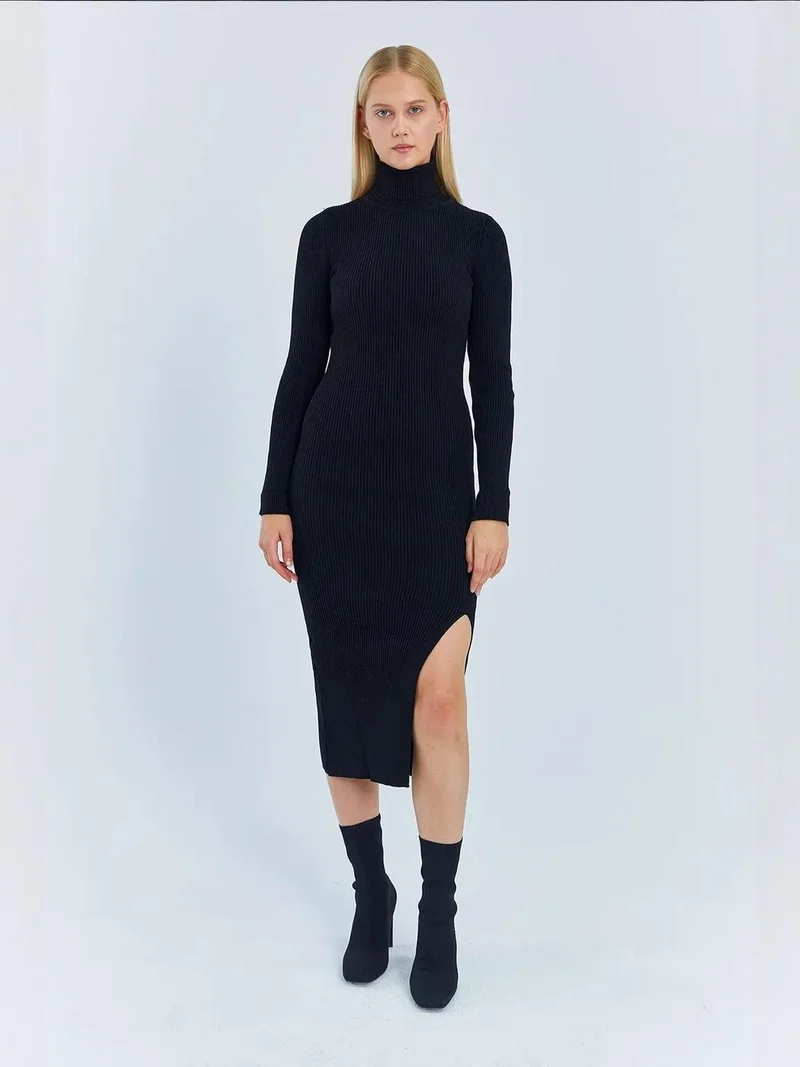 MixRay Mixray Turtleneck Midi Knit Dress with Slit