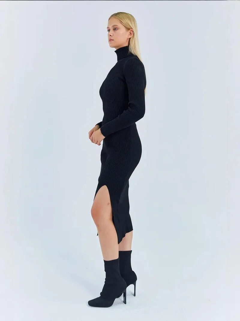 MixRay Black Mixray Turtleneck Midi Knit Dress with Slit for Women | Best Price UAE