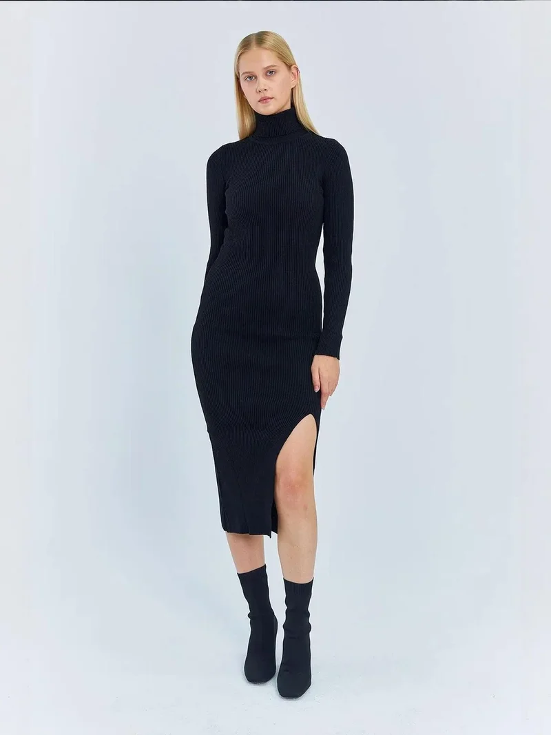 MixRay Mixray Turtleneck Midi Knit Dress with Slit