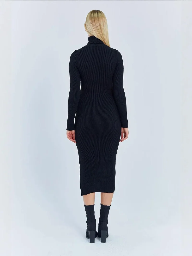 MixRay Black Mixray Turtleneck Midi Knit Dress with Slit for Women | Best Price UAE