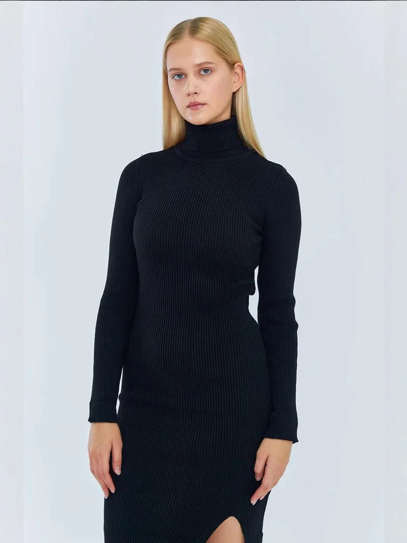 MixRay Black Mixray Turtleneck Midi Knit Dress with Slit for Women | Best Price UAE