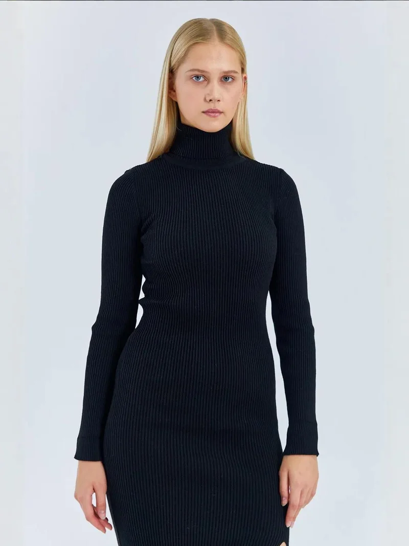 MixRay Black Mixray Turtleneck Midi Knit Dress with Slit for Women | Best Price UAE