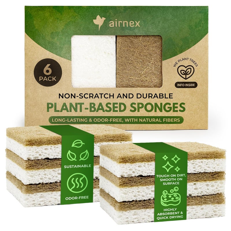 AIRNEX Biodegradable Natural Kitchen Sponges Pack of 6 - Cellulose and Coconut Walnut Scrubber Sponge - Eco Friendly Sponges for Dishes - Image 1