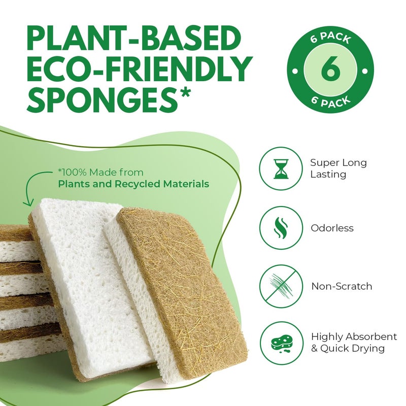AIRNEX Biodegradable Natural Kitchen Sponges Pack of 6 - Cellulose and Coconut Walnut Scrubber Sponge - Eco Friendly Sponges for Dishes - Image 2