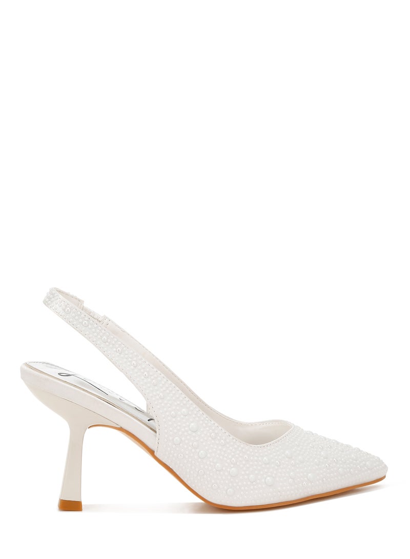 London Rag Luxurious Satin Pearl Slingback Sandals in White  - Image 1