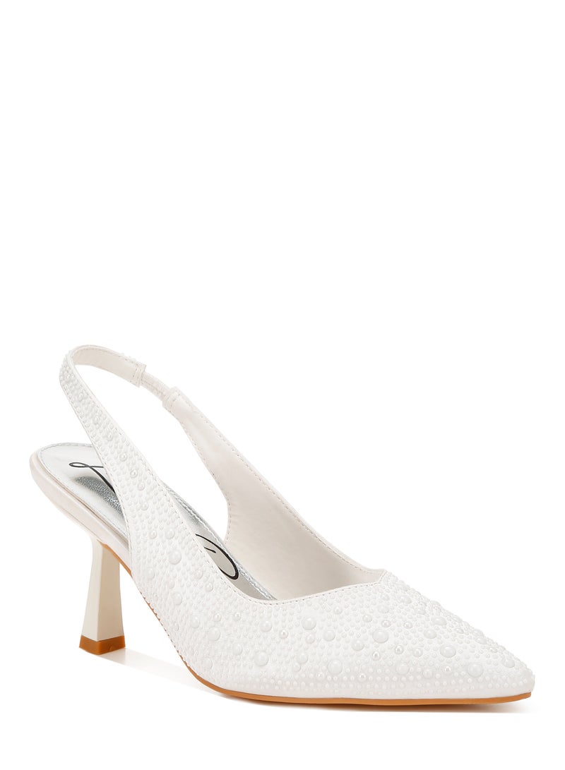 London Rag Luxurious Satin Pearl Slingback Sandals in White  - Image 2