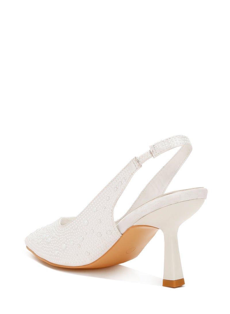 London Rag Luxurious Satin Pearl Slingback Sandals in White  - Image 3