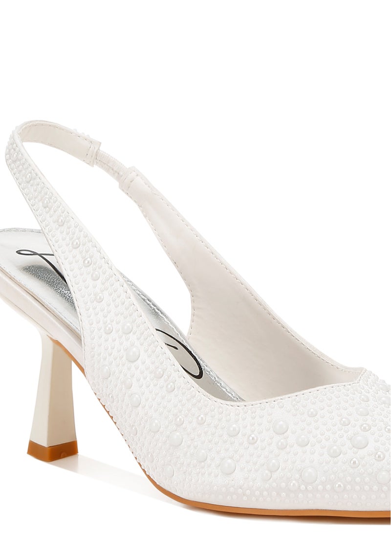 London Rag Luxurious Satin Pearl Slingback Sandals in White  - Image 5